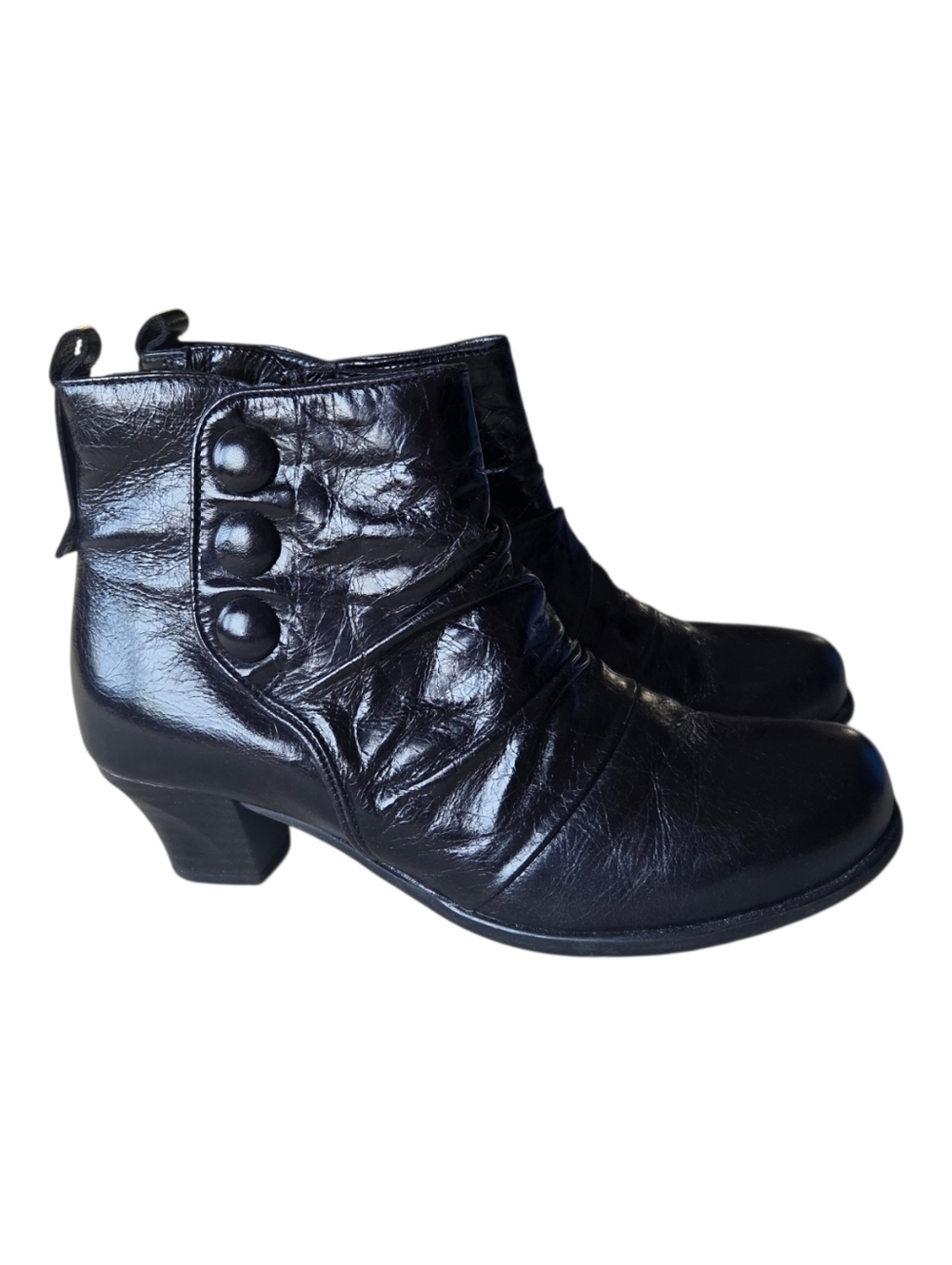 Miz Mooz Fox Ruched Black Leather Ankle Boots Button Detail Size 37 (US 6.5-7)